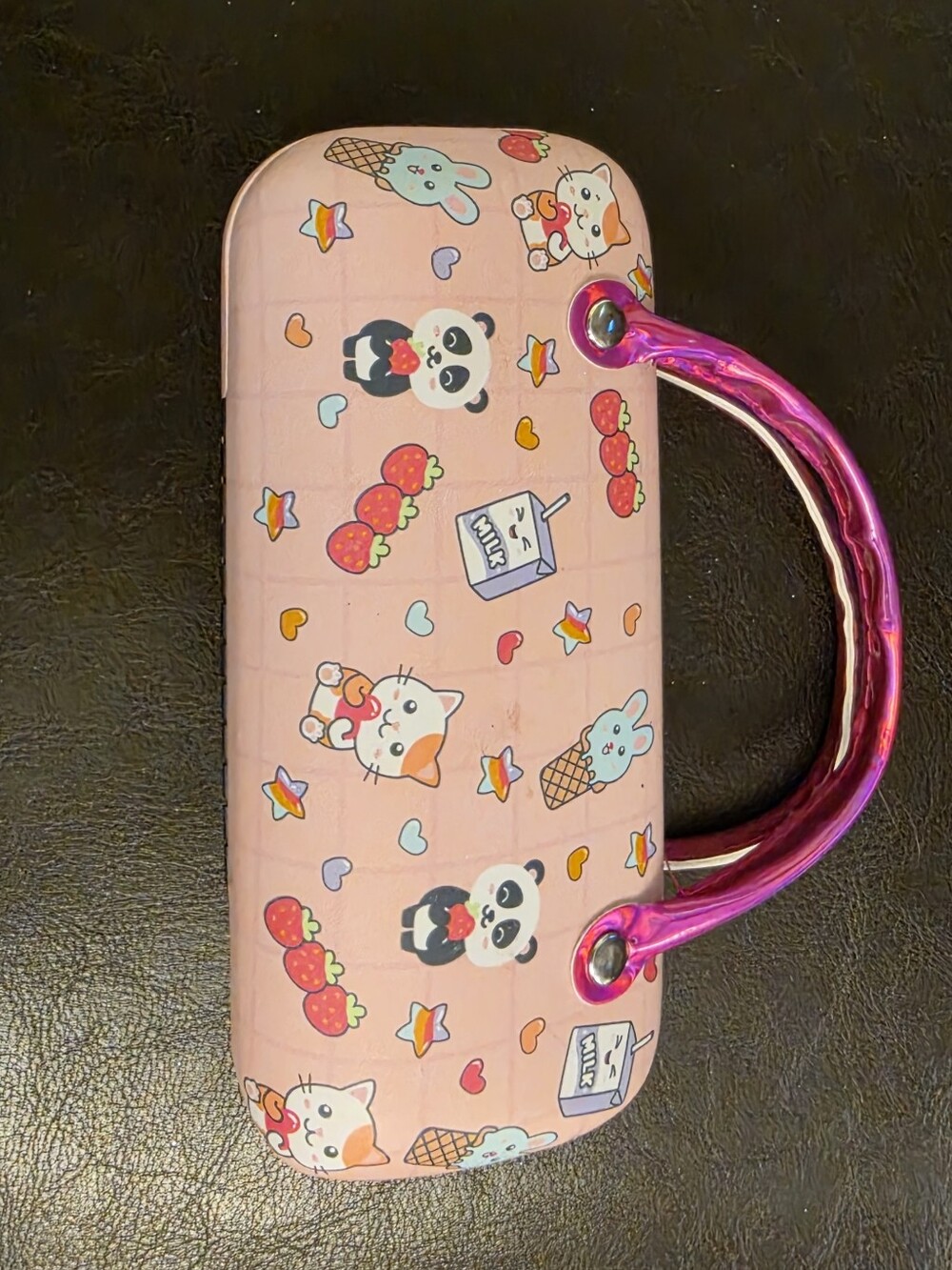 Kids Pink Cartoon Print Carrying Eyeglasses Case with Metallic Pink Handle
